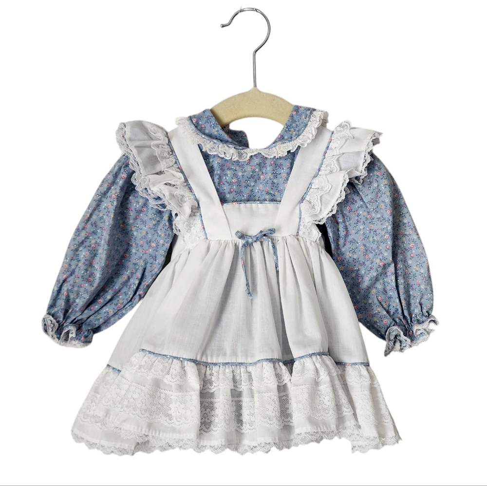 MINI WORLD x‎ VINTAGE Ruffle party apron dress in blue white trim size 3-6 Mo
